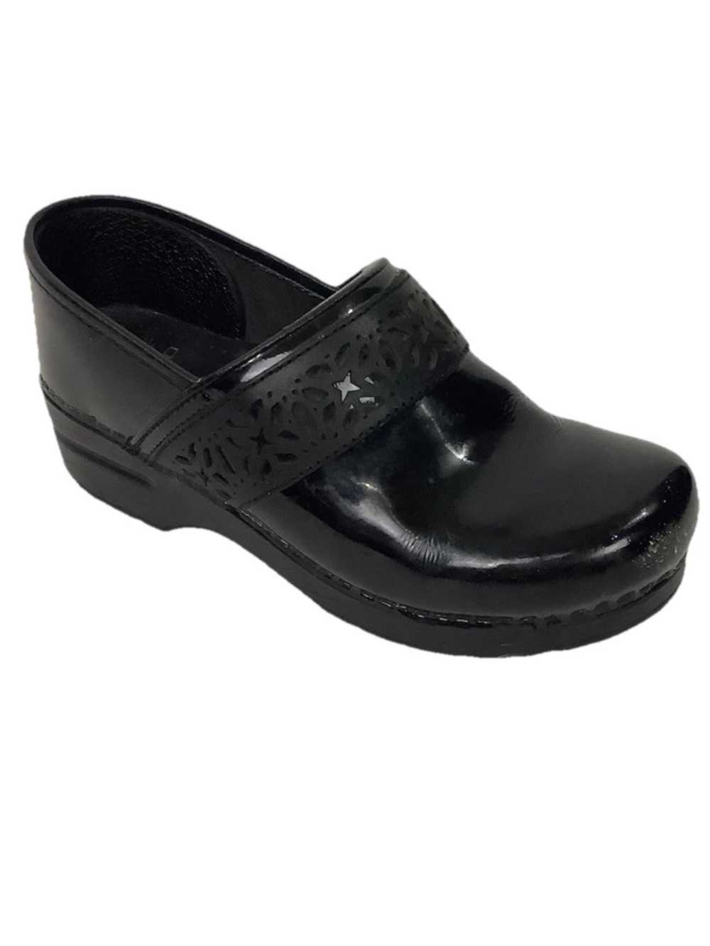 Dansko Sz 8 38 Comfort Slip On Patent Leather Clogs Black Embossed Floral
